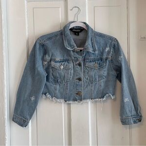 JOUJOU Y2K Women’s Fringe Cropped Jean Jacket Sz M Button-Front Long Sleeve EUC